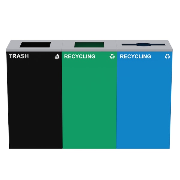 Alpine Industries 87 Gal. 3-Stream Steel Blue Recycling, Green Recycling, and Black Commercial Trash Can Station ALP4450-BLK-KIT26 - main